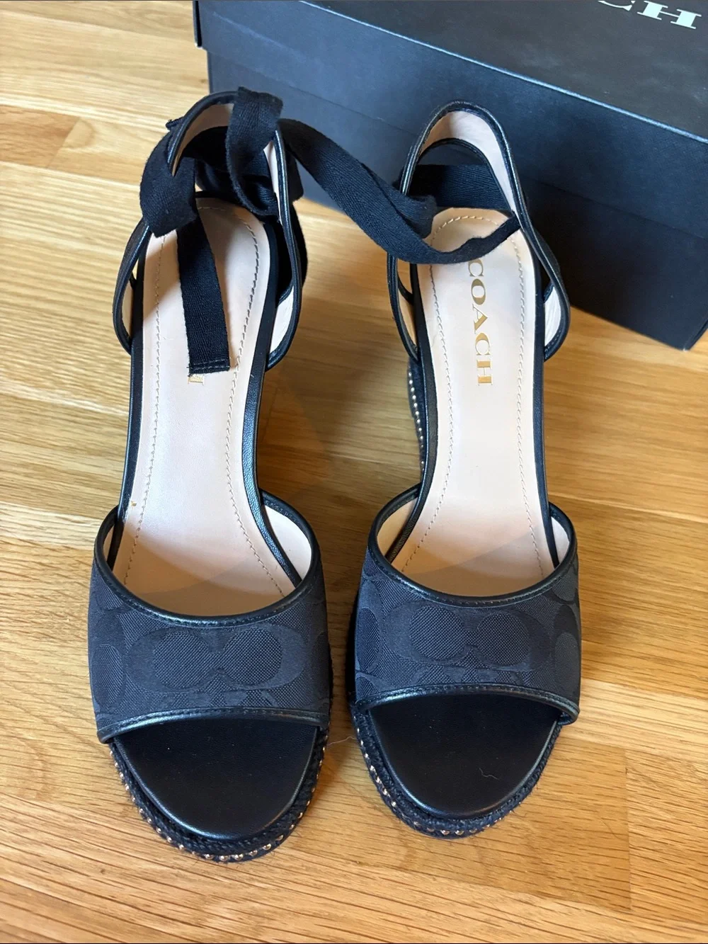 Coach Black Page Signature Canvas Wedge Sandals with Ankle Tie Detail